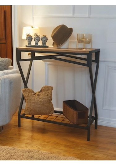 Metal Dresuar Ahşap Raflı Stand Çok Amaçlı Salon Ve Hol Rafı Siyah