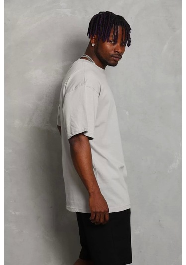 Unisex Oversize Düz Bisiklet Yaka T-shirt - Gri Gri