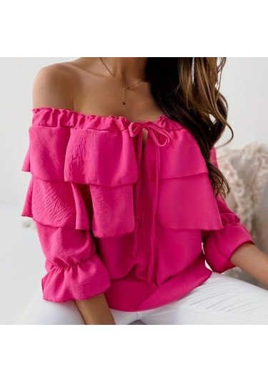 Yaz Kadın T-shirt Tek Boyun Şifon Gömlek Kadın Elastik Omuz Kravat Fırfır Üstleri Rahat Gevşek Orta Kollu Kırmızı