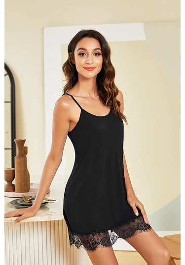 Kadın Siyah Ip Askılı Dantel Detaylı Gecelik Siyah