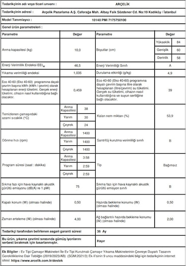 Arçelik 10140 PMI 1400 Devir 10 KG Çamaşır Makinesi