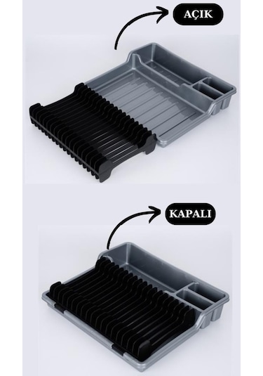 Flosoft Katlanır Bulaşıklık, Kaşıklık Bölmeli Tabaklık Kurutmalık Gri