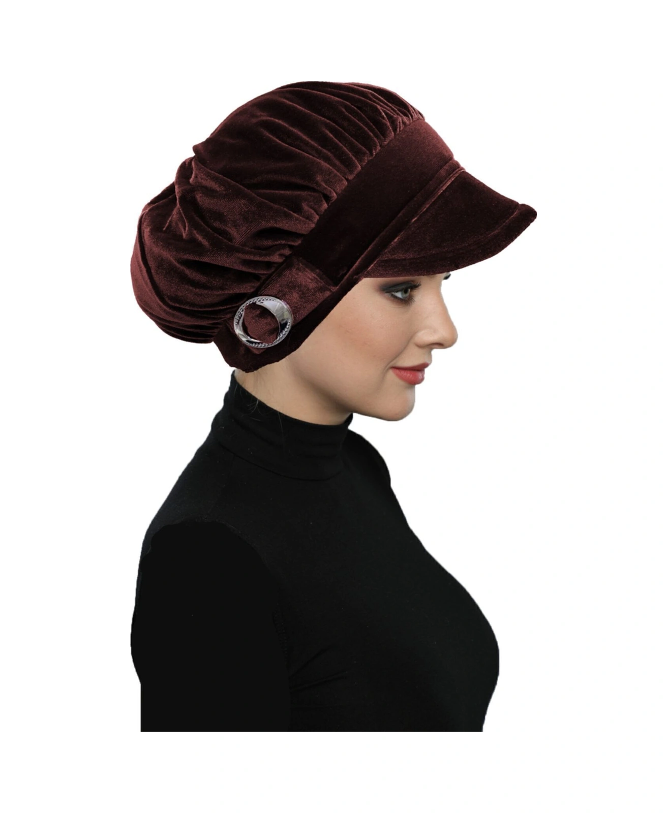 Kadife Şapka Toka Detaylı Kahve Hazır Türban Tesettür Bone Kahve