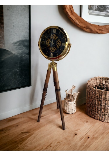 Çarklı Gold Metal 3d Ahşap Ayaklı Seyyar Ofis Salon Otel Saati Altın