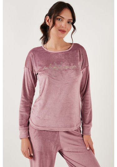 Lela Regular Fit Yumuşak Dokulu Kadife Bayan Pijama Takımı 6094200W4 Pudra