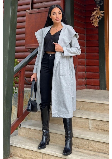 Gri Kruvaze Yaka, Kapüşonlu, Çift Cepli, Beli Kemerli, Uzun Kaşe Kaban Astarsız Gri
