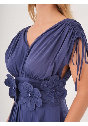 Kadın Bel Detaylı Kısa Kollu Elbise Çiçek Aplikeli, Büzgü Ve Bağcık Detaylı, %100 Pamuk Lacivert