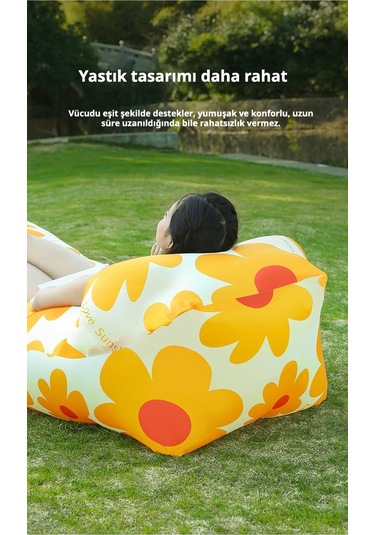Snapbuy Baş Destekli Tek Kişilik Hava Yatağı Desenli Şişme Koltuk - Kamp ve Açık Hava Etkinlikleri İçin Taşınabilir - Turuncu - Beyaz