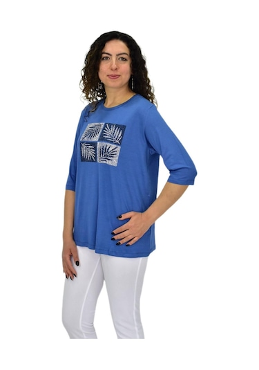 Caftan Kadın Kısa Kol Taşlı Bluz Bgl-st04710 Mavı