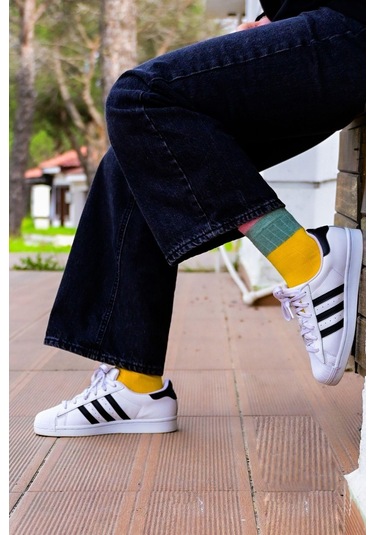 Kadın Sarı-yeşil Blok Desenli Soket Çorap Sarı