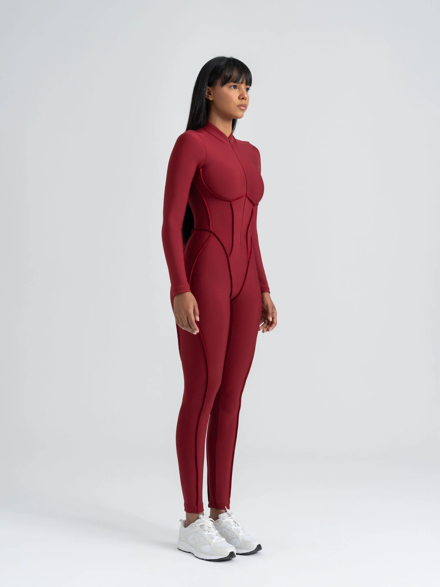 Dikişle Modellenmiş Spor Tayt Tulum Bordo