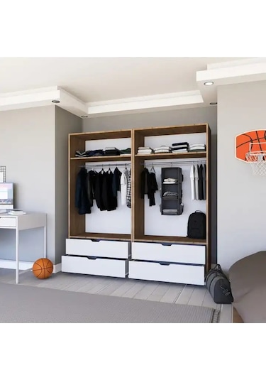 Nisan Açık Ceviz-beyaz 4 Kapılı 4 Çekmeceli Elbise Dolabı - Gardırop Seti Açık Ceviz & Beyaz