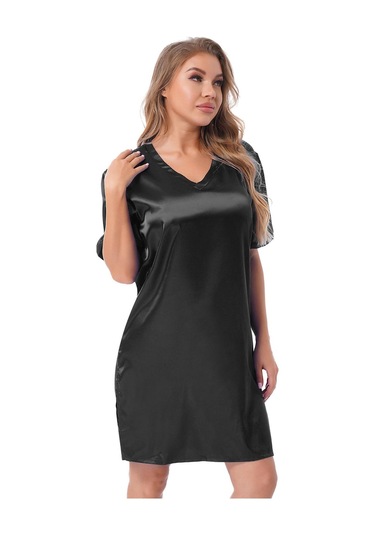 Kraliyet Mavisi Kadınlar Katı Renk Saten Gecelik Yumuşak Rahat Pijama Gecelik Kraliyet Mavisi