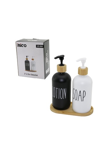 2li Set Cam Sıvı Sabunluk - Losyonluk 2x500mlboyalı Cam Siyah-beyaz Ahşap Bambu Altlık - Kapak 5131 Düz