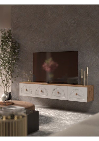 Bohem Şık 180 Cm 4 Kapaklı Mdf Kapak Duvar Tv Ünitesi Beyaz