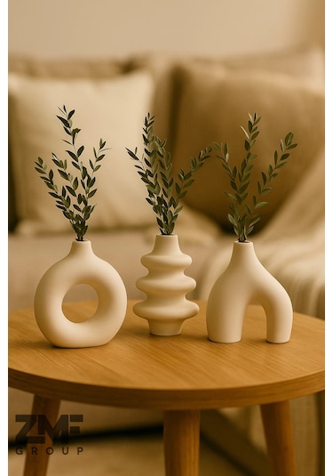 Minimal 3 Lü Dekoratif Vazo Set,biblo,minyatür Beyaz