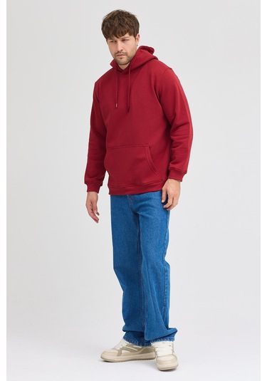 Erkek Bordo Standart Fit Normal Kesim Içi Polarlı 3 Iplik Kapüşonlu Pamuklu Sweatshirt Bordo