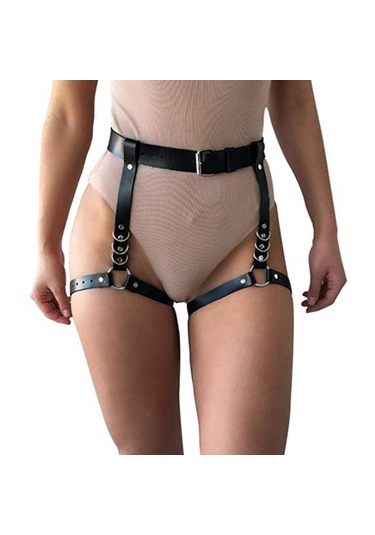 Suntek Bayan Deri Jartiyer Kemer Bel Bandı Clubwear Demeti Askısı Siyah