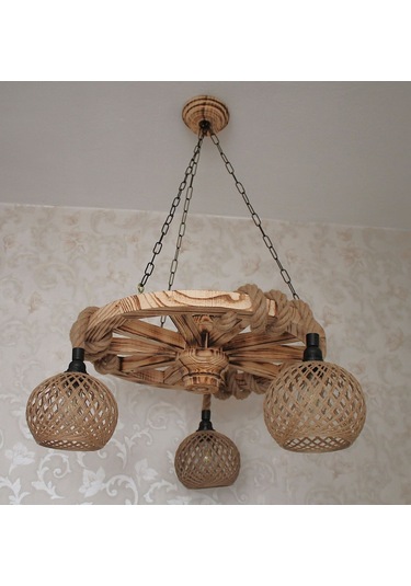 Otantik Çarşı Ahşap Teker Avize 60 Cm. 3 Duylu Hasır Şapkalı Siyah