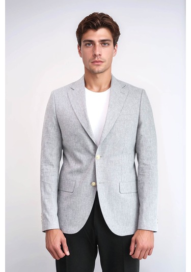 Gri Keten Dokulu Gold Renk Metal Düğmeli Slim Fit Erkek Blazer Ceket - Wessi Grey
