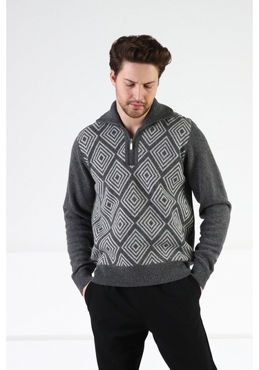 Ferraro Füme Kare Desenli Dik Yaka %100 Kuzu Yünü Erkek Kazak Füme (536161022) Füme