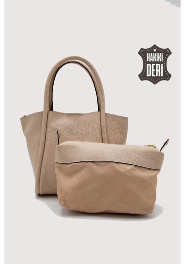 Hakiki Deri Kadın Organizerlı El Çantası Vizon Smr9206 Vizon