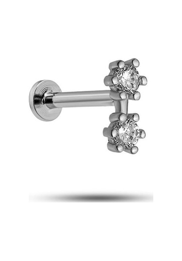 925 Ayar Gümüş Rodyumlu Minimal 2 Zirkon Taşlı Tragus Piercing Küpe