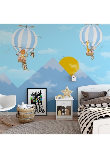 Dağ Güneş Ve Balon Çocuk Odası Posteri Mavi