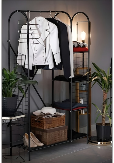 METAL 5 RAFLI AYAKKABILIK ELBİSE ASKILIĞI PORTMANTO VE GARDIROP Siyah