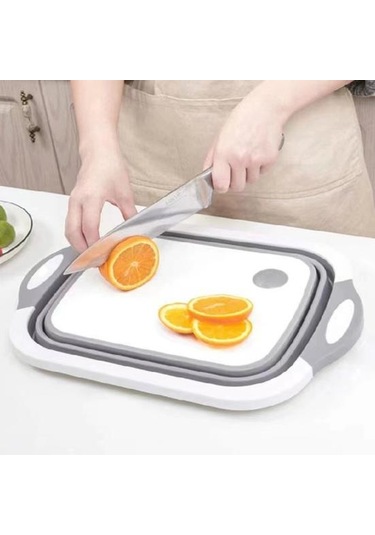 Gri Derin Oluk Tasarımlı Kesme Tahtası Küf Önleyici Kaymaz Çok Fonksiyonlu Damlalıklı Sepet