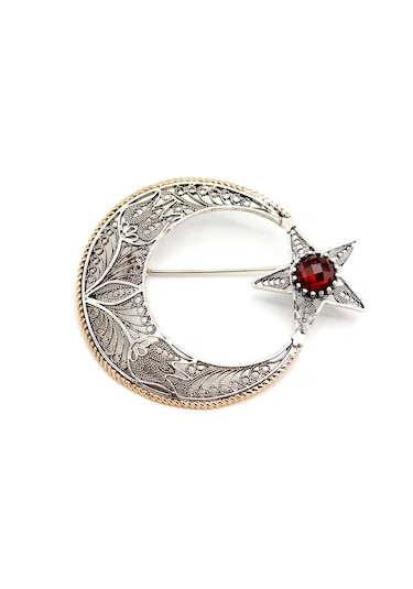 Yakut Taşlı Ayyıldız Model Telkari Gümüş Broş Kırmızı