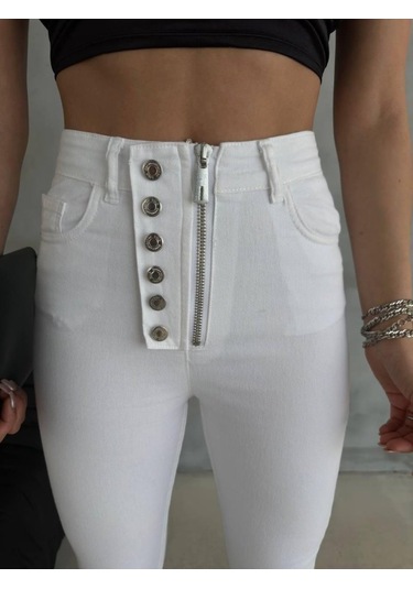The İstanbul Düğme Ve Fermuarlı Kot Pantolon - Beyaz Beyaz