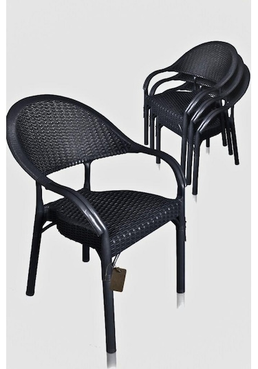 4 Adet Bambu Rattan Kollu Sandalye Koltuk Siyah Siyah