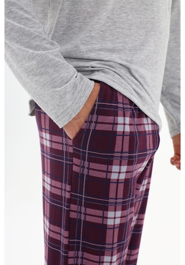 Erkek Pamuklu Uzun Kollu Önü Patlı Ekose Desenli Pijama Takımı Ko60105 Mor