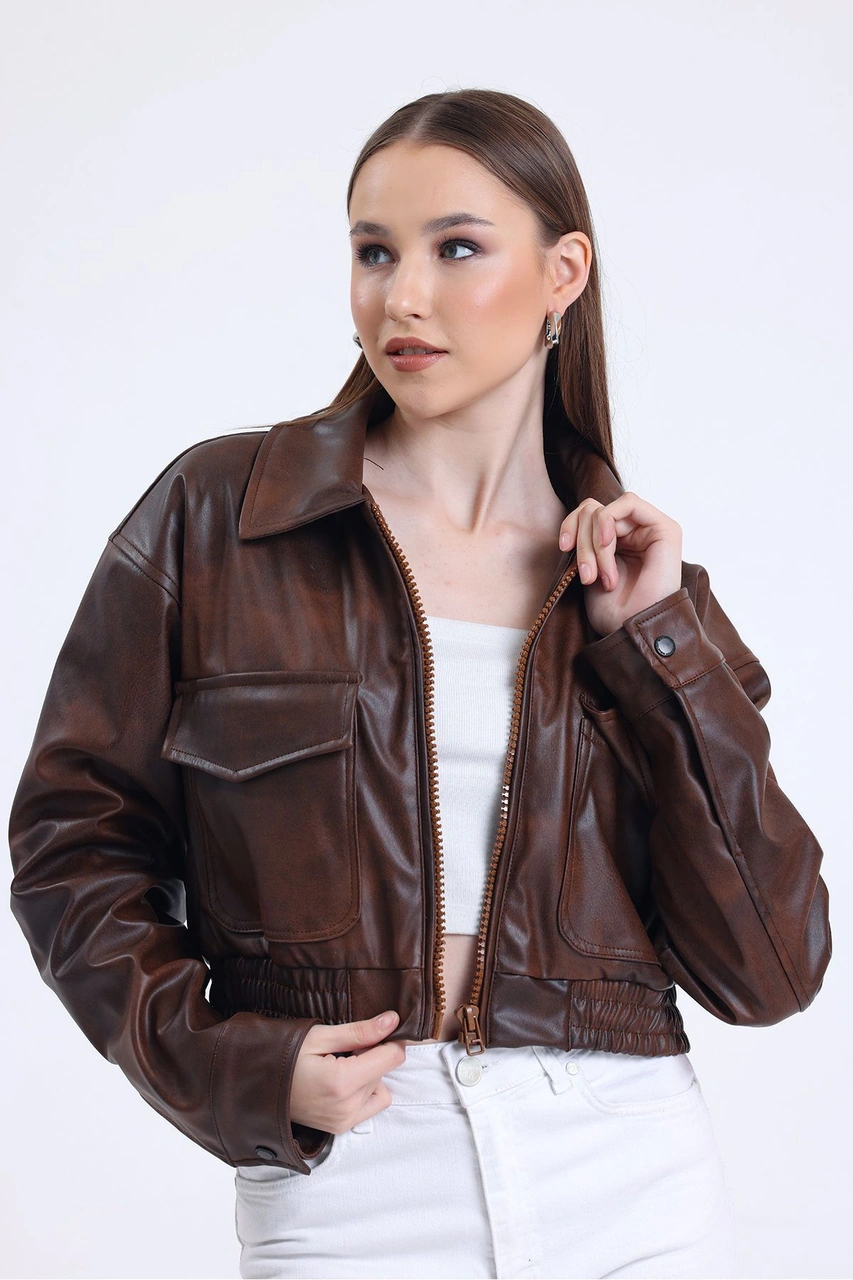 Kadın Deri Oversize Astarlı Kol Çıt Çıt Düğmeli Deri Mont Fermuar Kapamalı Kolej Mont Kahve Kahve