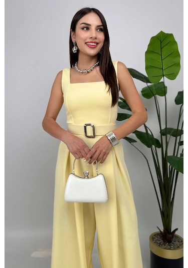 Noir Flow Kadın Sarı Kemerli Askılı Bol Paça Tulum Zarif Şıklık Sarı