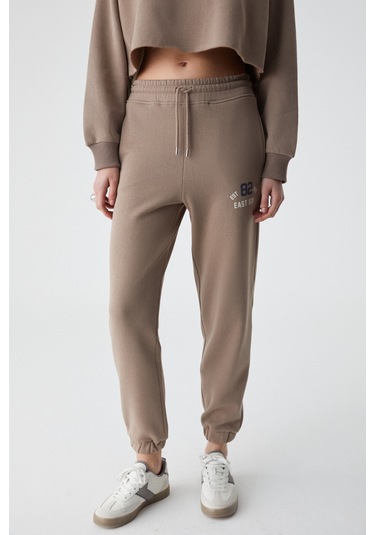 GLORYY Kadın Comfort Fit Baskı Detaylı Lastikli Paça Organik Pamuklu Açık Kahverengi Alt-Üst Takım