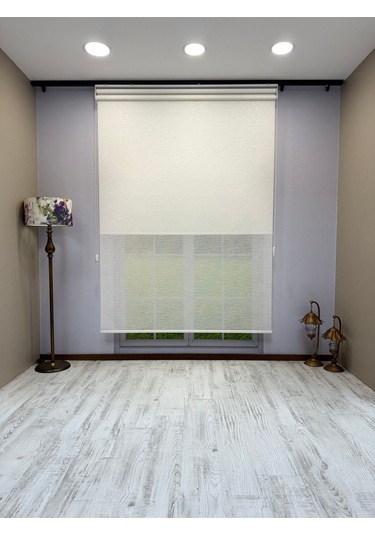 Çift Mekanizmalı Beyaz Çizgili Desenli Tül Ve Beyaz Mat Stor Perde Beyaz