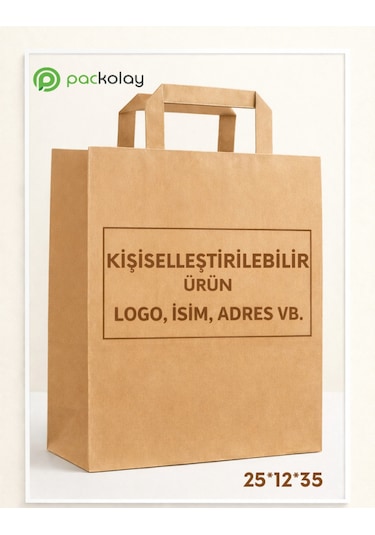 Logo Baskılı Kraft Kağıt Çanta Flat Saplı 25x12x35 Cm 100 Adet