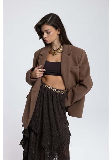 Mireya Asimetrik Kahve Dantel Etek Kahve