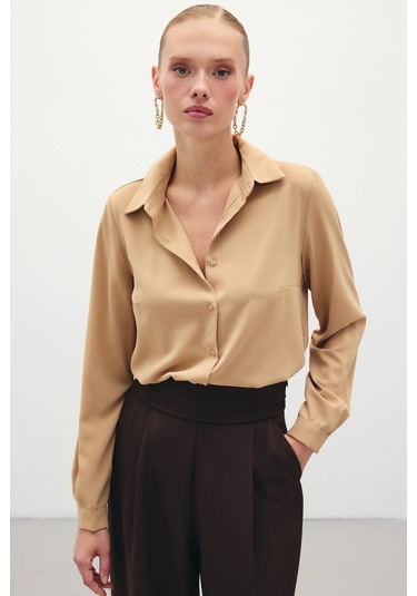 Düz Klasik Gömlek - Camel-135611 CAMEL