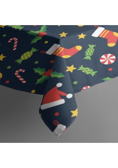 Noel Desenli Dikdörtgen Masa Örtüsü 60x84 İnç, Su Geçirmez Ve Leke Tutmaz Noel Çorap Şeker