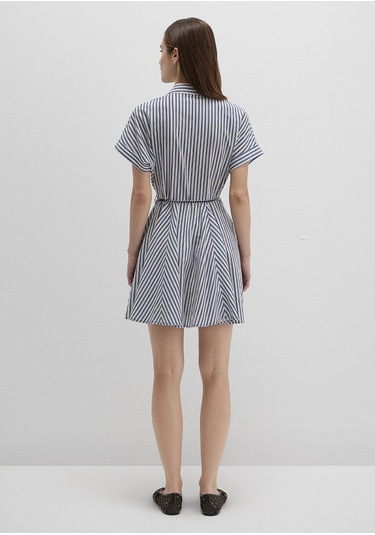 Mavi - Çizgili Beli Bağcıklı Mini Elbise 1310763-91086 Lacivert