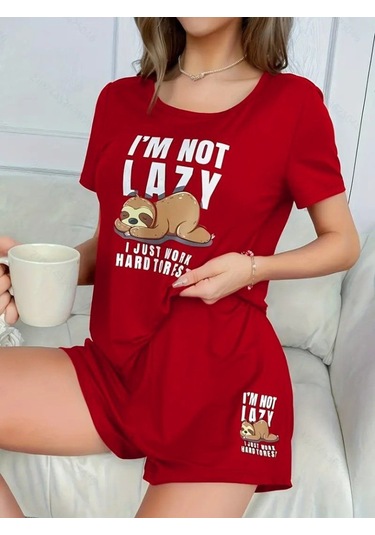 Reka Moda Kadın Kısa Kollu Bisiklet Yaka Baskılı Viskon Bluz Ve Şort Ikili Takım Kırmızı