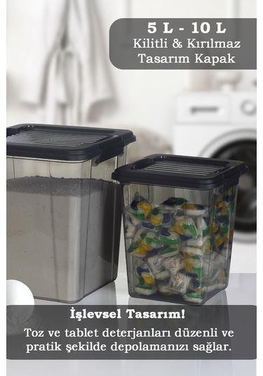2'li Set 5-10l Kilit Kapak Saklama Kutusu Deterjanlık - Un Bakliyat Erzak Saklama Kabı Organizer Box Siyah