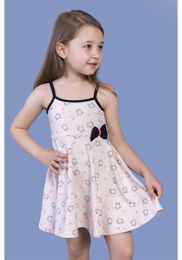 Toontoy Kız Çocuk Kedi Desenli Fiyonk Detaylı Volanlı Elbise Pembe Melanj