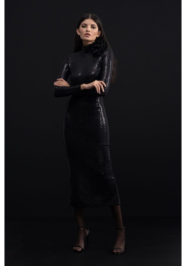 Mathilda Store Kadın Siyah Tasarım Payet Midi Elbise