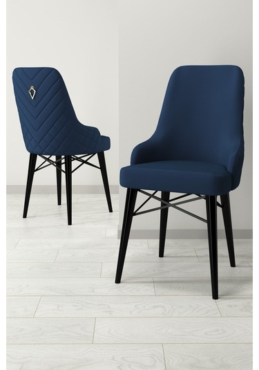 Lova Kafesli Lacivert Baklava Desen Baby Face Ahşap Ayak Yemek Odası Sandalyesi Lacivert