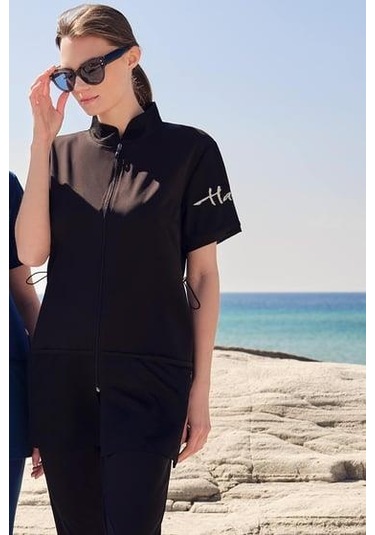 Haşema 2843 Siyah Vizara File Cep Detaylı Kısa Kol Fermuarlı Havuz Mayo Çok Renkli