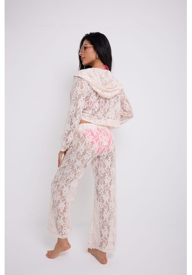 Kapuşonlu Dantel Bluz Ekru